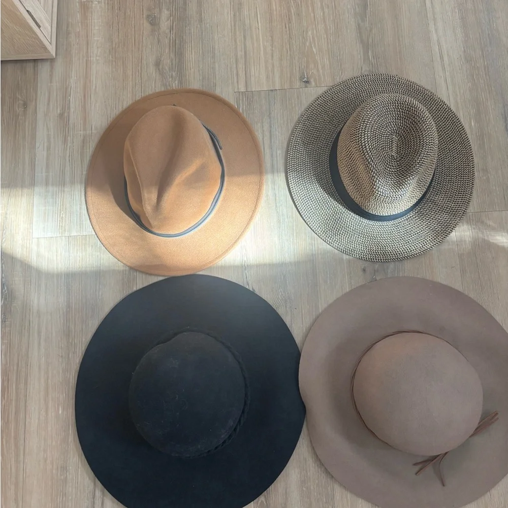 Four Wide-Brim Fashion Hats in Black, Taupe, Tan, and Natural Straw - Picture 2 of 2